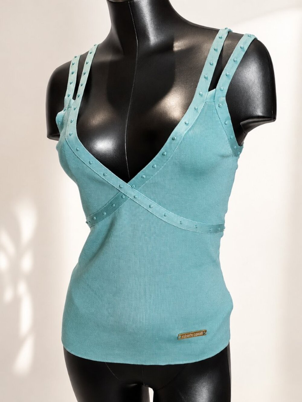 NWT Roberto Cavalli Silk Strappy Top Aqua IT 44